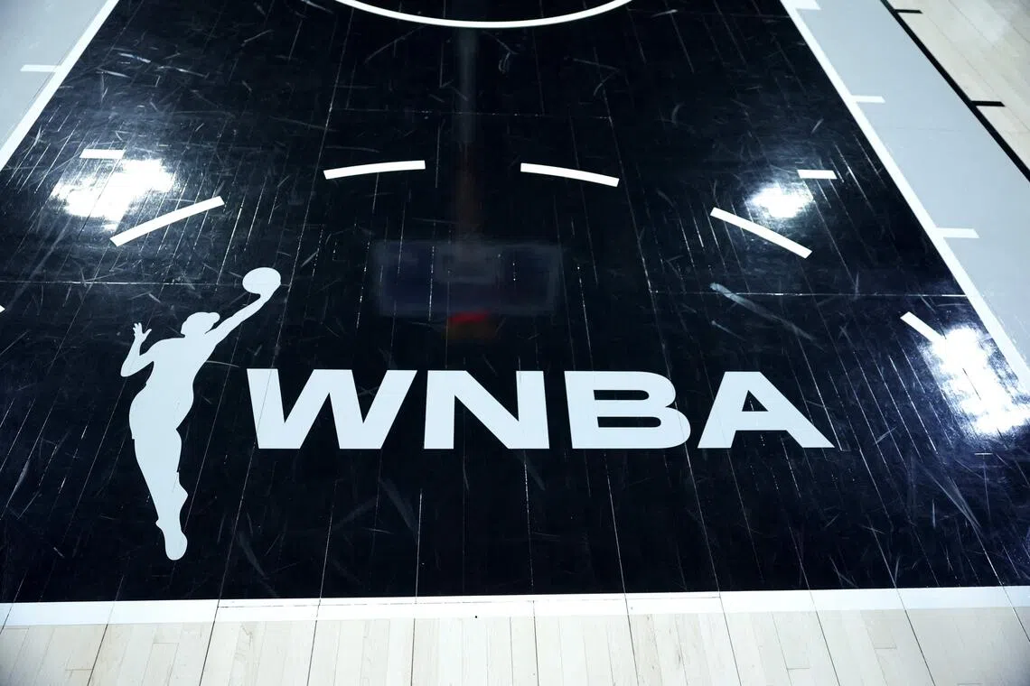 A WNBA logo is shown on the court before a game between the Connecticut Sun and the Las Vegas Aces at Michelob ULTRA Arena.