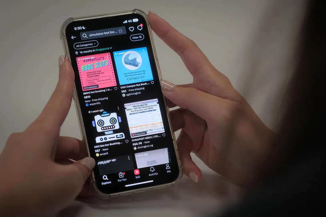 Listings on Carousell advertising the use of bots to book slots for simulation training at driving schools.