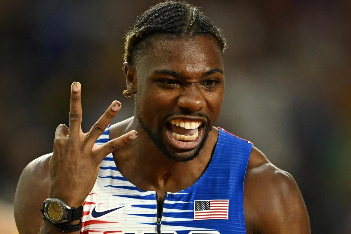 Noah Lyles of the United States, seen here at the 2023 world championships, won the 60m in a personal best and 2024 world-leading 6.44 seconds on Feb 4 at the Boston Grand Prix.