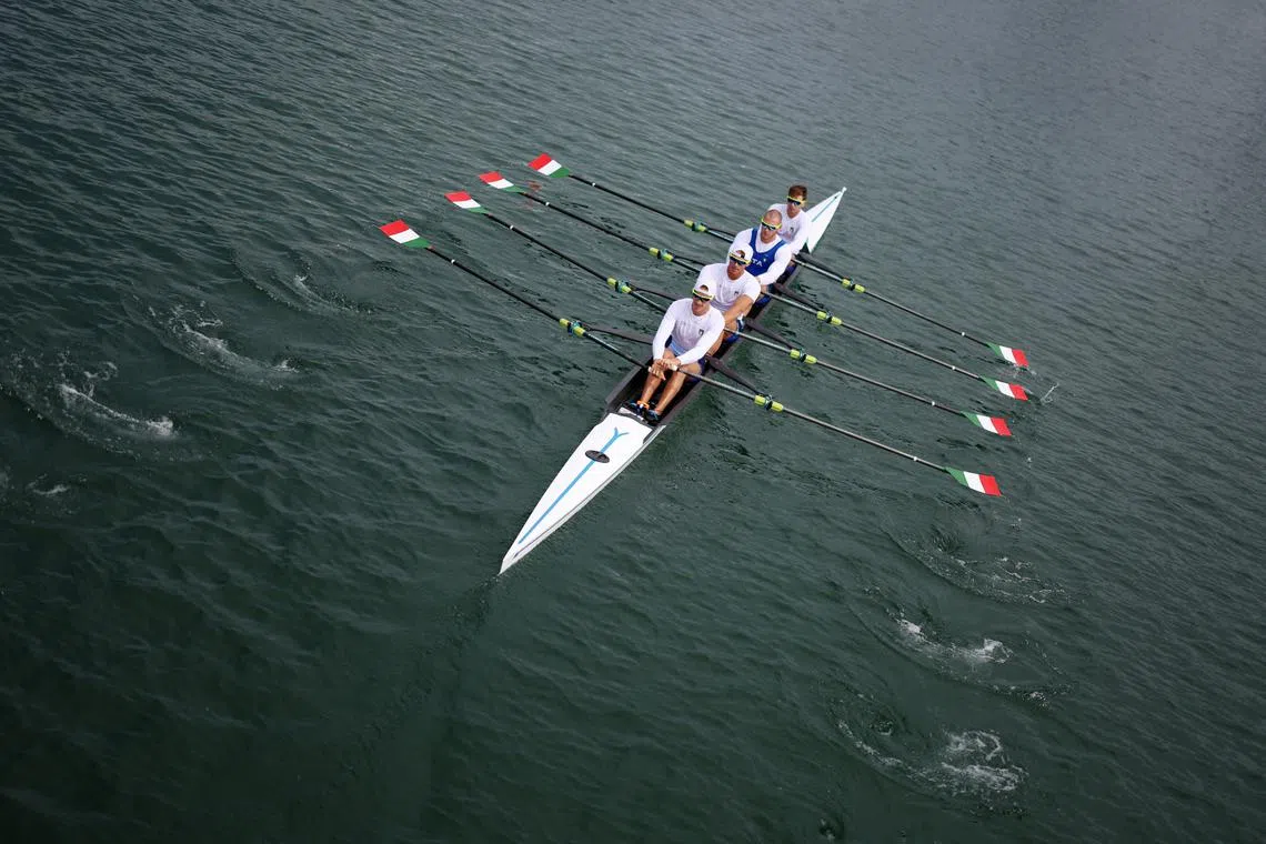 Paris 2024 Olympics - Rowing Training - Vaires-sur-Marne Nautical Stadium - Flatwater, Vaires-sur-Marne, France - July 25, 2024. Luca Chiumento, Luca Rambaldi, Andrea Panizza and Giacomo Gentili of Italy during training. REUTERS/Molly Darlington