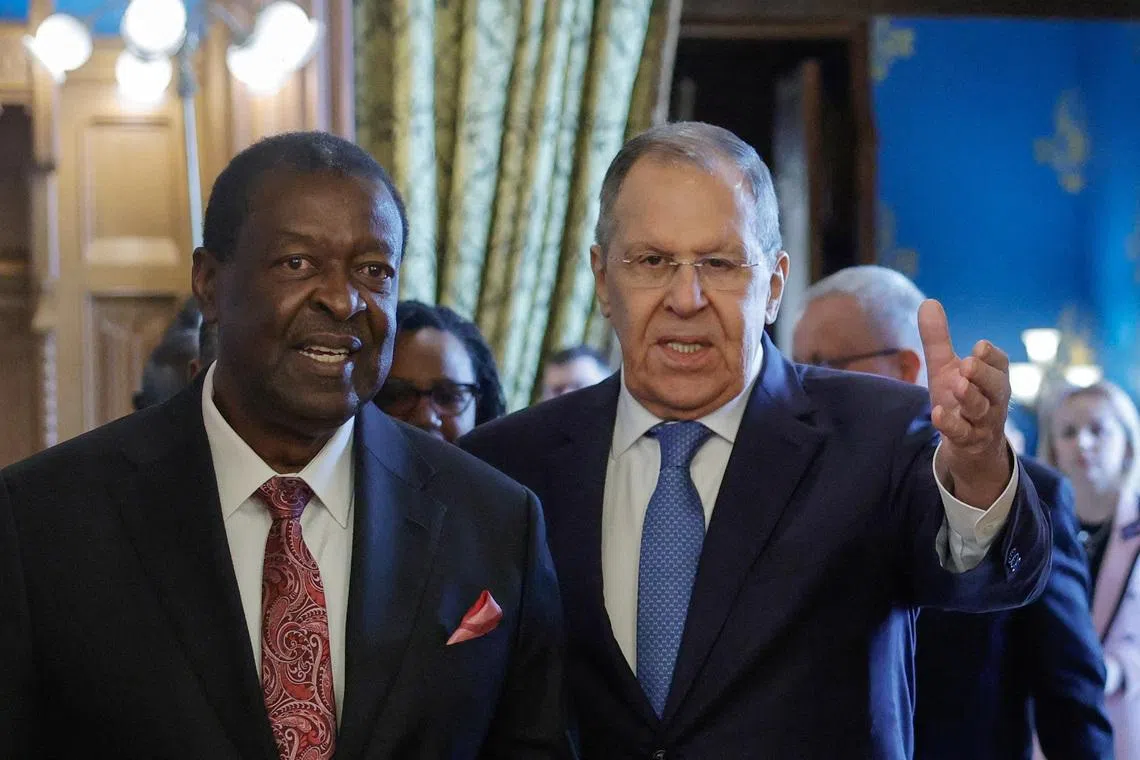 Russian Foreign Minister Sergei Lavrov and Kenyan Foreign Minister Musalia Mudavadi enter a hall during their meeting in Moscow, Russia, March 16, 2026. Tatyana Makeyeva/Pool via REUTERS