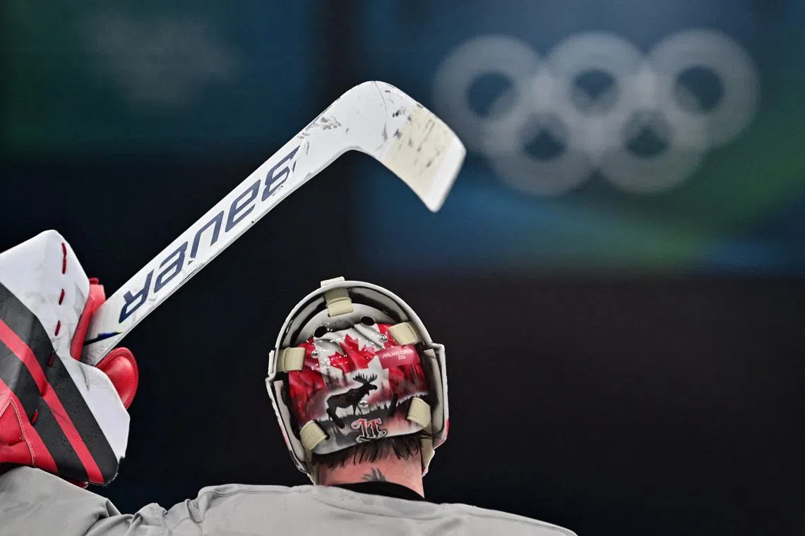 FILE PHOTO: Milano Cortina 2026 Olympics - Ice Hockey - Men's - Canada Training - Milano Santagiulia Ice Hockey Arena, Milan, Italy - February 08, 2026. Logan Thompson of Canada during training REUTERS/Marton Monus/File Photo