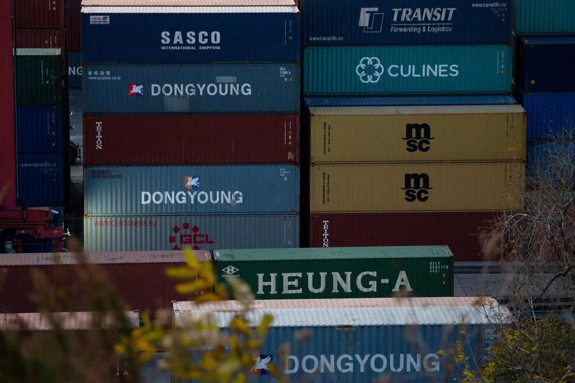 FILE PHOTO: A view shows shipping containers at a commercial port in Vladivostok, Russia October 16, 2023. REUTERS/Tatiana Meel/File Photo