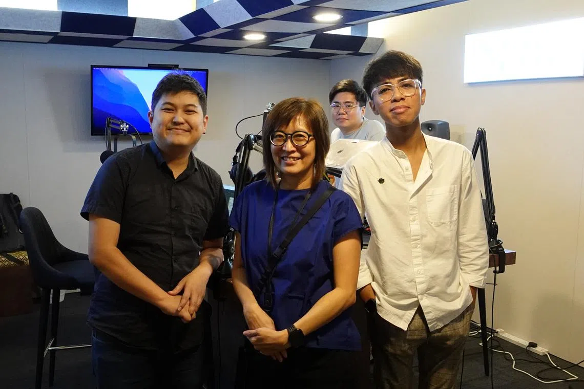 (From left) Assistant manager with the Programmes Team at Resilience Collective Teo Guoxiang, senior health correspondent Joyce Teo, podcast producer Eden Soh and aspiring nurse and counsellor Min, in the podcast studio.