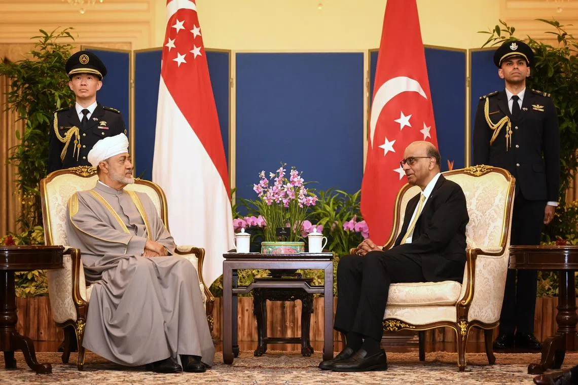 President Tharman Shanmugaratnam (right) hosts Oman Sultan Haitham bin Tarik at the Istana on Dec 14.
