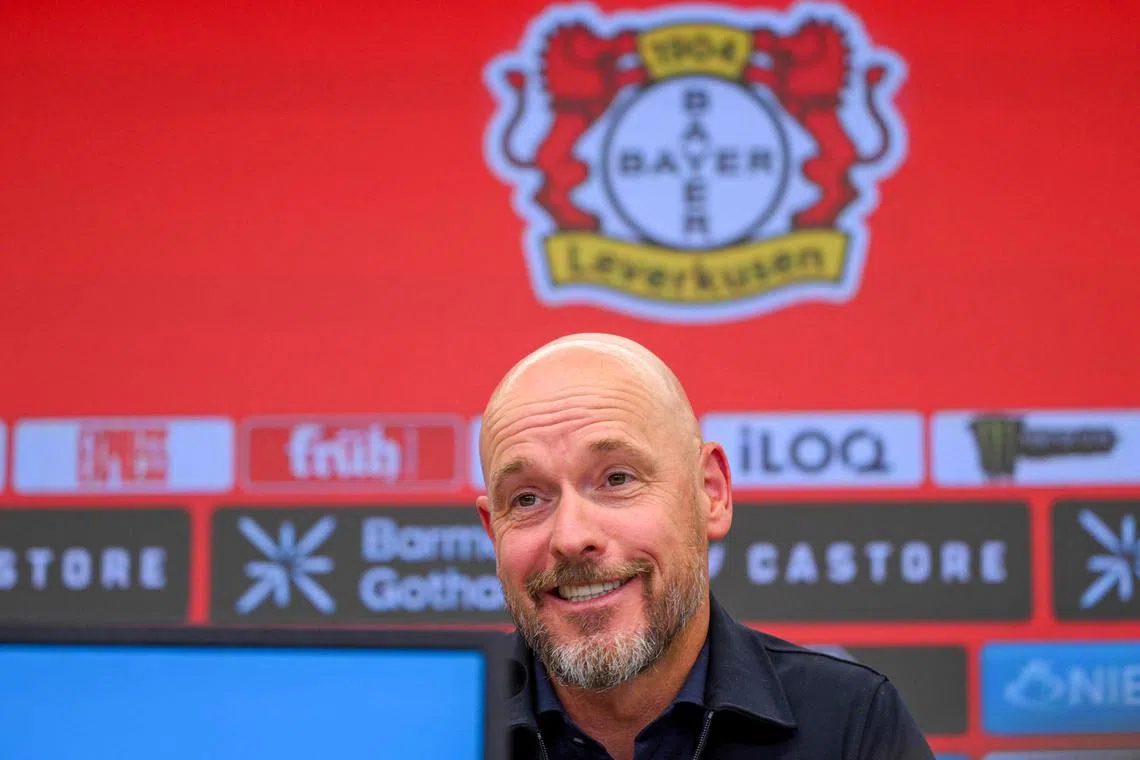 Erik ten Hag speaks during a press conference to announce his appointment as Bayer Leverkusen head coach.