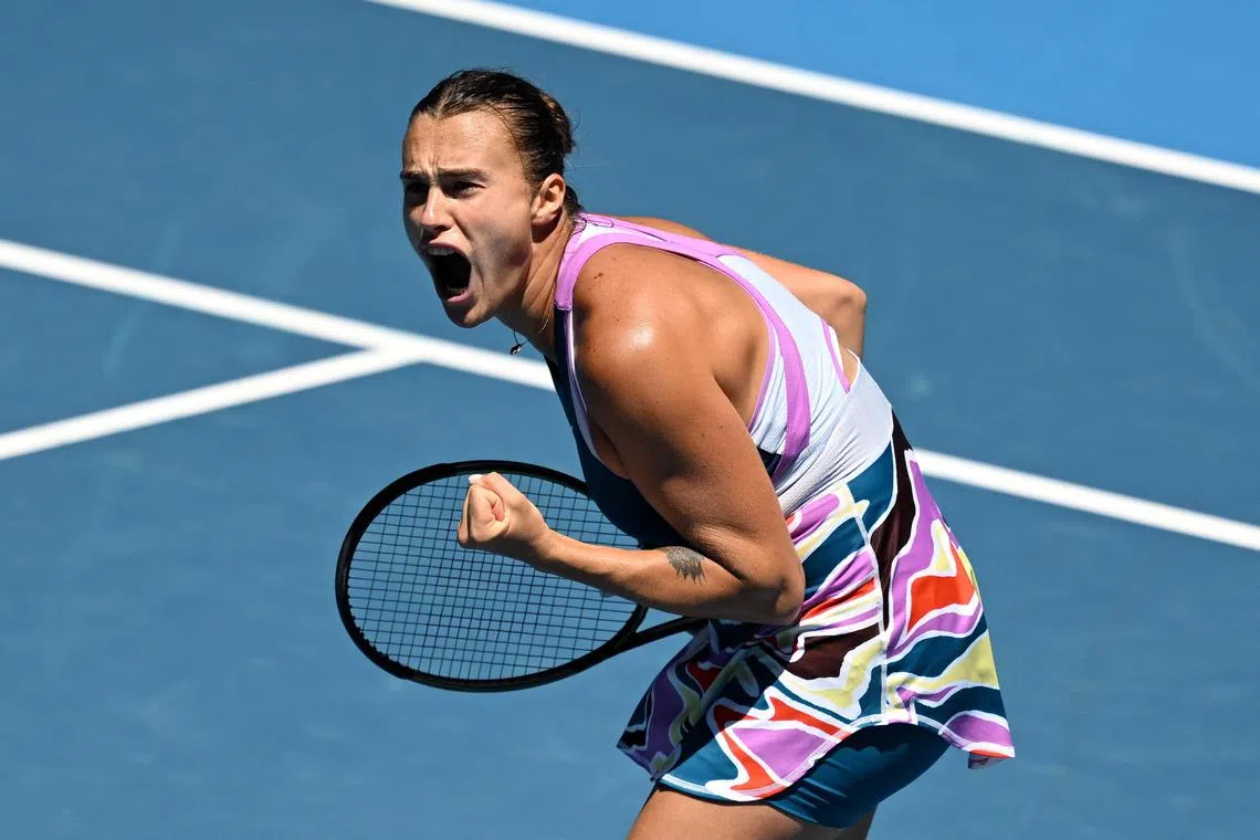 Aryna Sabalenka of Belarus celebrates her win against Belinda Bencic of Switzerland during their fourth round match at the Australian Open.