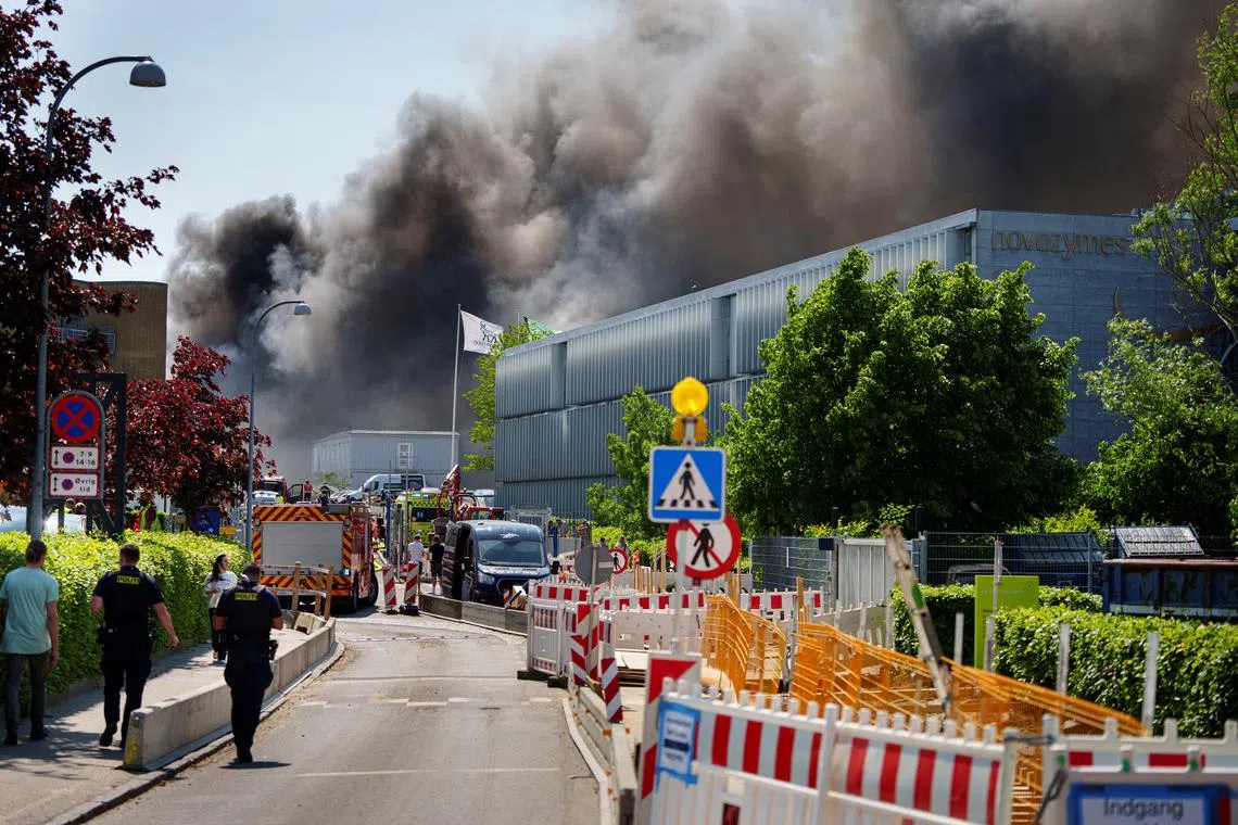 FILE PHOTO: Smoke rises from a fire at Novo Nordisk on Smoermosevej, in Bagsvaerd near Copenhagen, Denmark, May 22, 2024. Liselotte Sabroe/Ritzau Scanpix/via REUTERS/File Photo