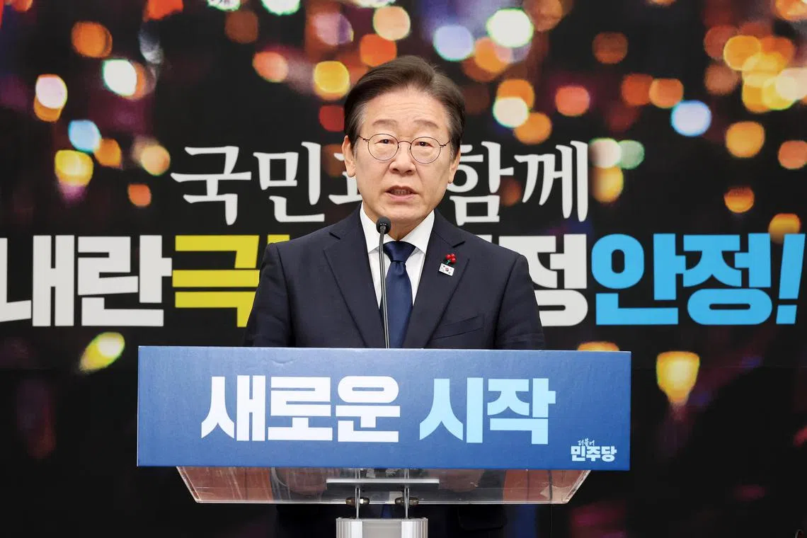 South Korea's main opposition Democratic Party leader Lee Jae-myung speaks at a press conference held at the National Assembly in Seoul, South Korea, on Dec 15, 2024.