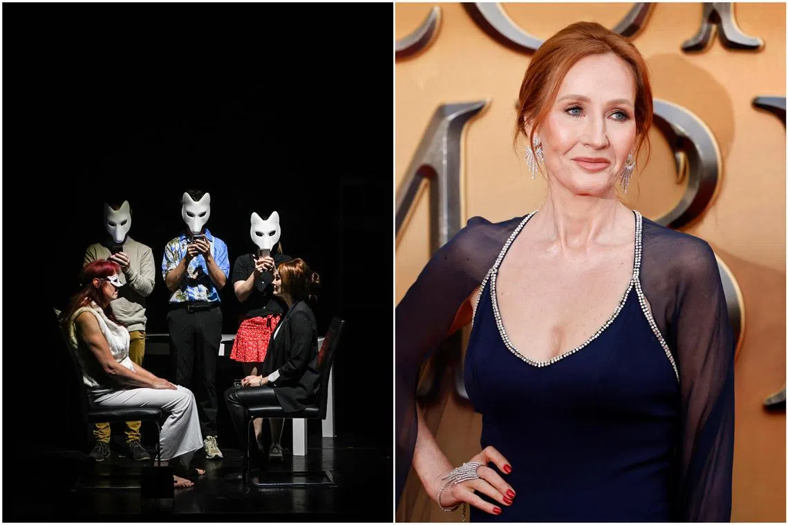 US actress Laura Kay Bailey (seated, in black), as the character Jo, based on J.K. Rowling, during a rehearsal for the play Terf.