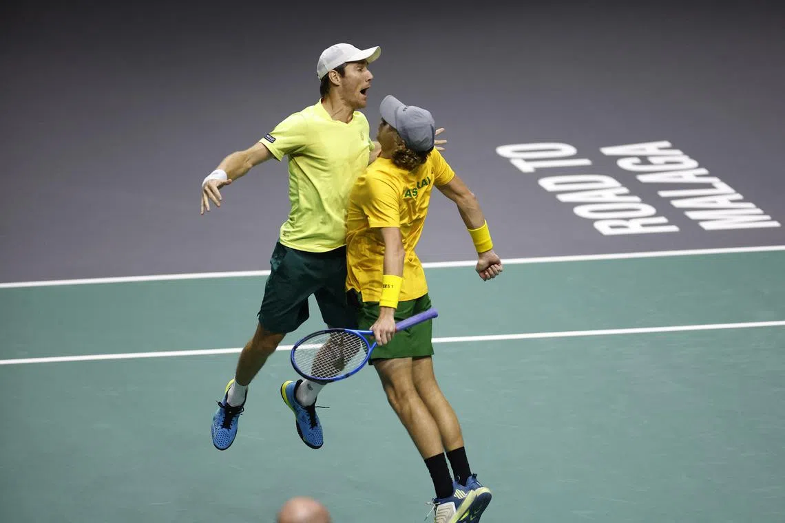 Australia's Max Purcell and Matthew Ebden celebrating after winning their match against France's Nicolas Mahut and Edouard Roger-Vasselin at the Davis Cup.