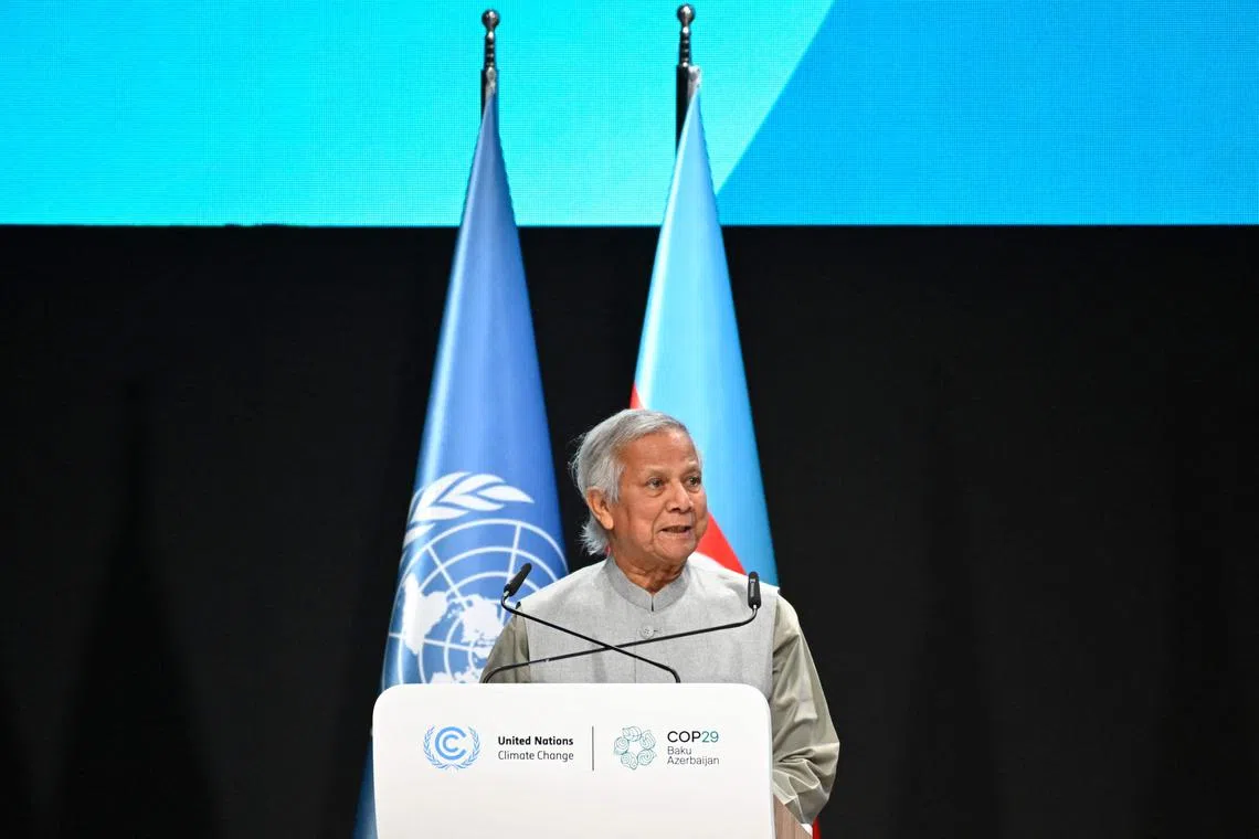 Bangladesh's interim leader, Dr Muhammad Yunus, delivering a speech at the COP29 summit in Azerbaijan.