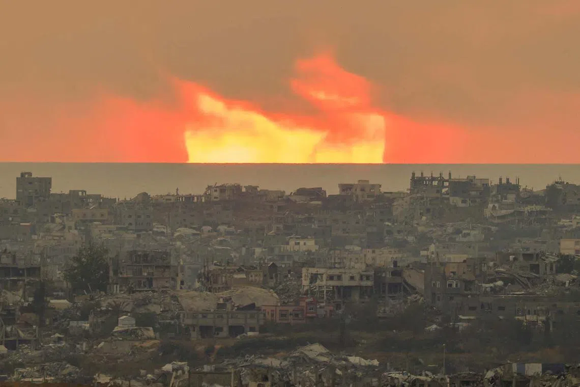 The sun setting over the northern Gaza Strip, as seen from the Israeli side of the border, April 29, 2025. 