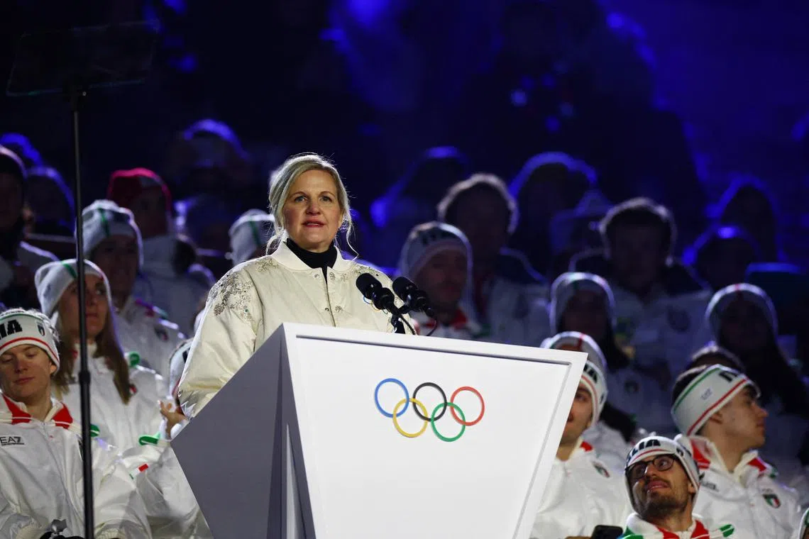 Milano Cortina 2026 Olympics - Ceremonies - Closing Ceremony - Verona Olympic Arena, Verona, Italy - February 22, 2026. IOC President Kirsty Coventry delivers a speech during the closing ceremony REUTERS/Guglielmo Mangiapane