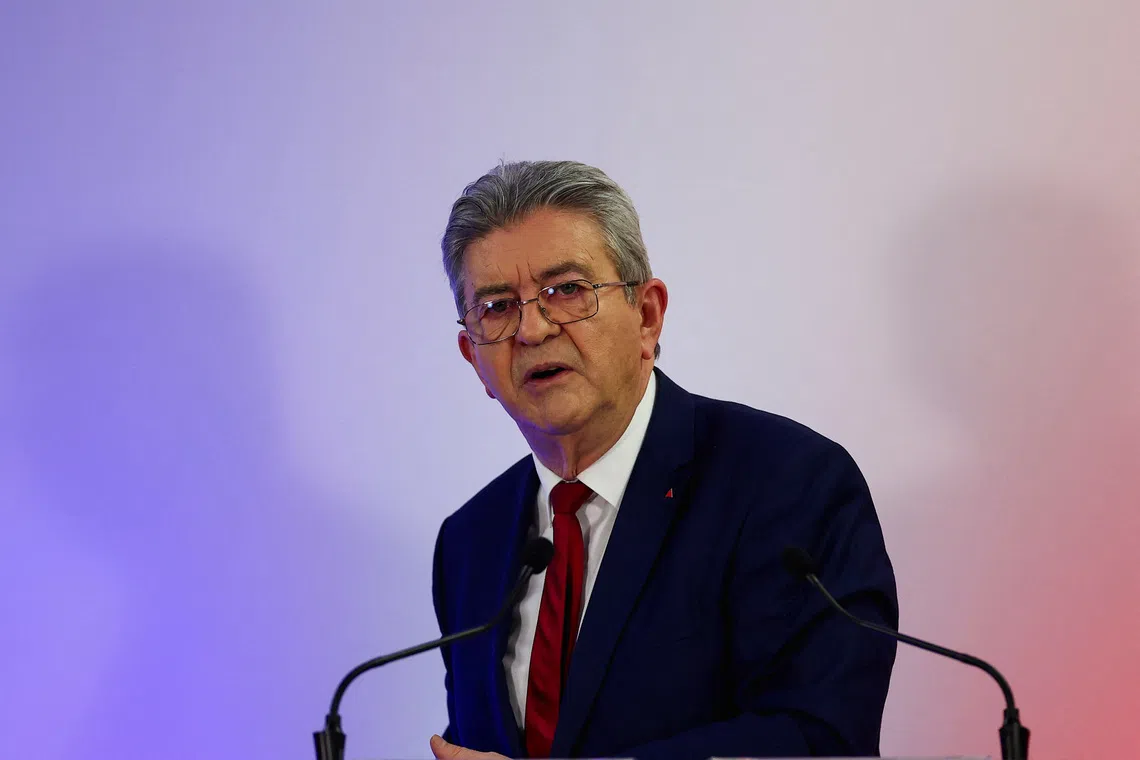 FILE PHOTO: Jean-Luc Melenchon, leader of French far-left opposition party La France Insoumise (France Unbowed - LFI), delivers a speech during a campaign rally to support the list \"Etre Bondy\" for the upcoming mayoral election in Bondy near Paris, France, March 4, 2026. REUTERS/Abdul Saboor/ File Photo