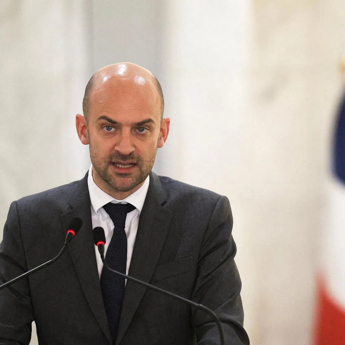 FILE PHOTO: French Minister for Europe and Foreign Affairs Jean-Noel Barrot speaks during a press conference in Baghdad, Iraq, February 5, 2026. REUTERS/Ahmed Saad/File Photo