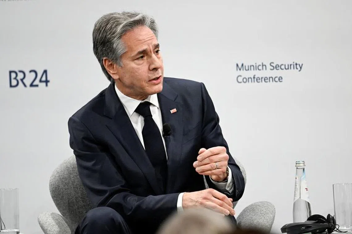 FILE PHOTO: U.S. Secretary of State Antony Blinken takes part in a panel discussion at the Munich Security Conference (MSC) in Munich, southern Germany on February 17, 2024. THOMAS KIENZLE/Pool via REUTERS/FILE PHOTO