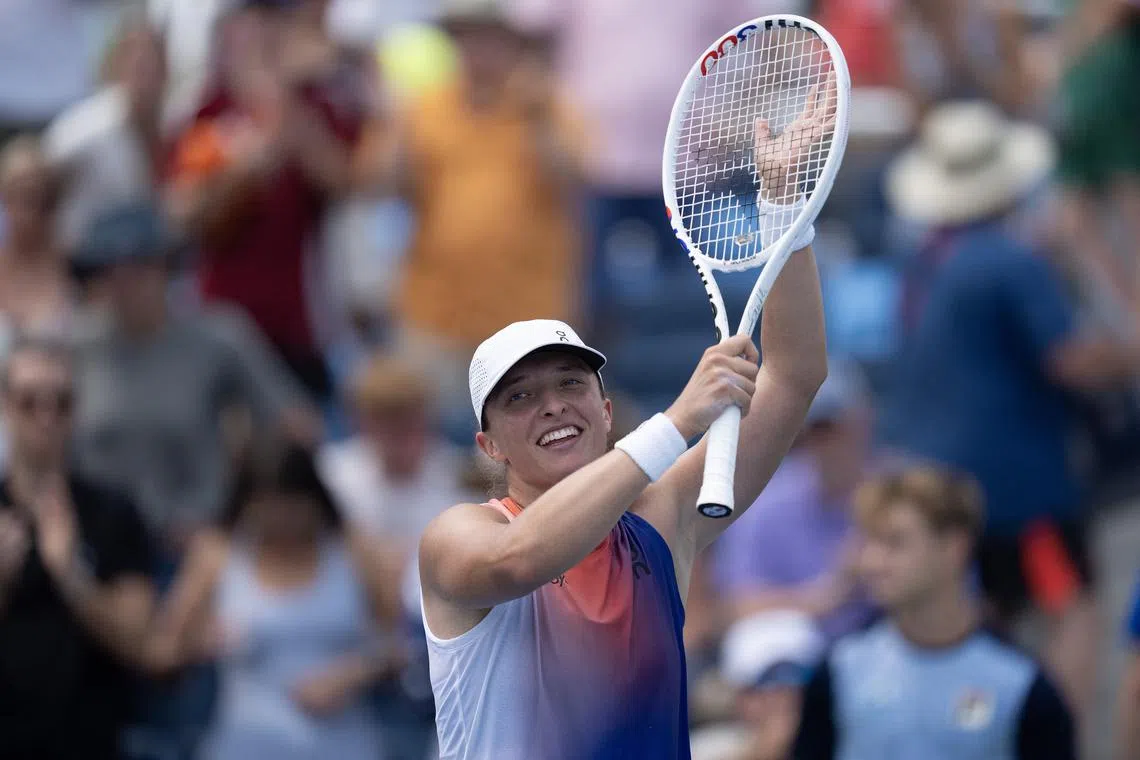 FILE PHOTO: Aug 17, 2024; Cincinnati, OH, USA;  Iga Swiatek of Poland celebrates winning her match against Mirra Andreeva on day six of the Cincinnati Open. Mandatory Credit: Susan Mullane-USA TODAY Sports/File Photo