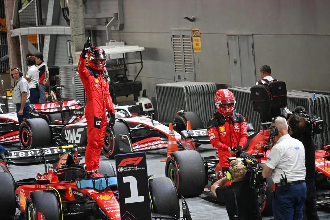 [NOTE: F1 photos are for editorial use only and NOT for sale] 

55 Carlos Sainz of Scuderia Ferrari taking P1 position ahead of tomorrow's race.

/Qualifying session
of the Formula One Singapore Airlines Singapore Grand Prix at Marina Bay street circuit on
September 16, 2023.