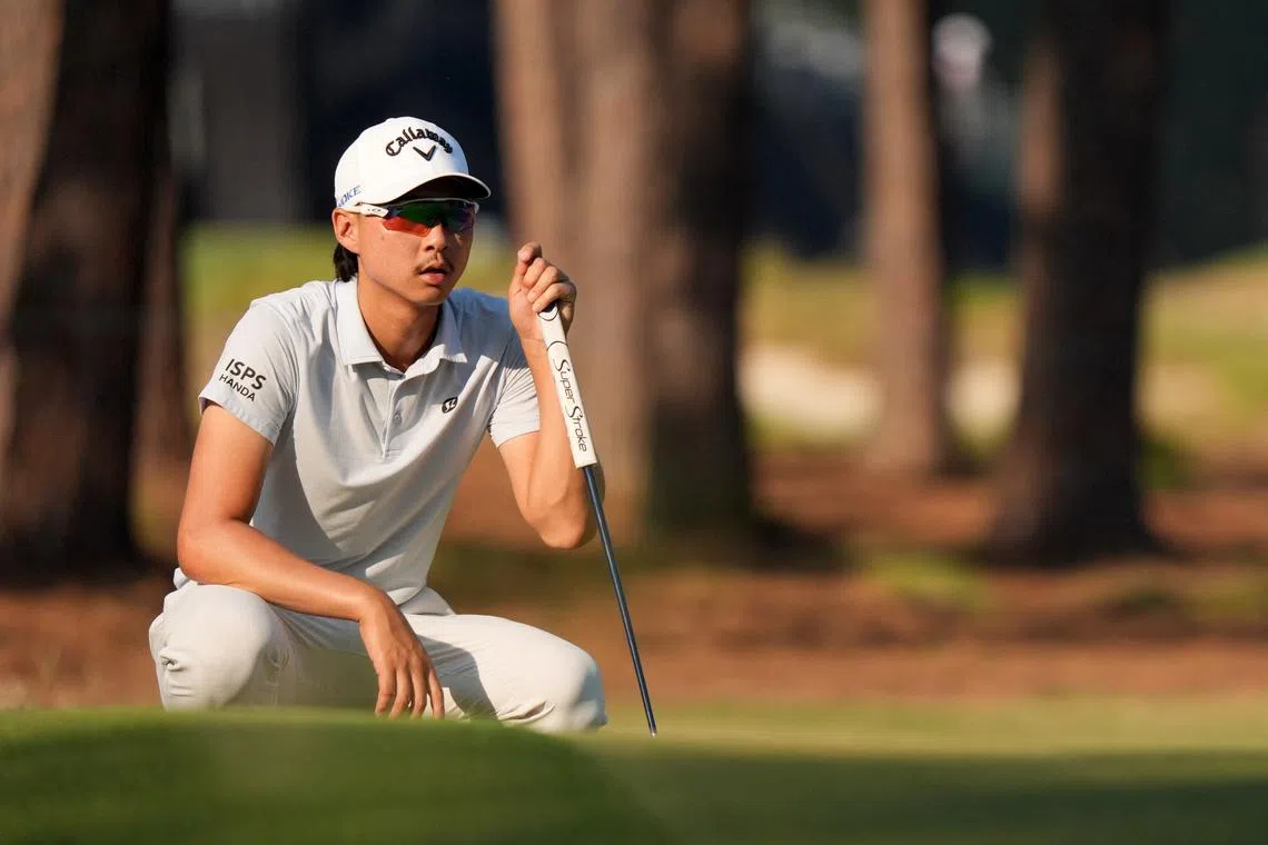 FILE PHOTO: Jun 14, 2024; Pinehurst, North Carolina, USA; Min Woo Lee lines up a putt on the 6th hole during the second round of the U.S. Open golf tournament at Pinehurst No. 2. Mandatory Credit: Katie Goodale-USA TODAY Sports