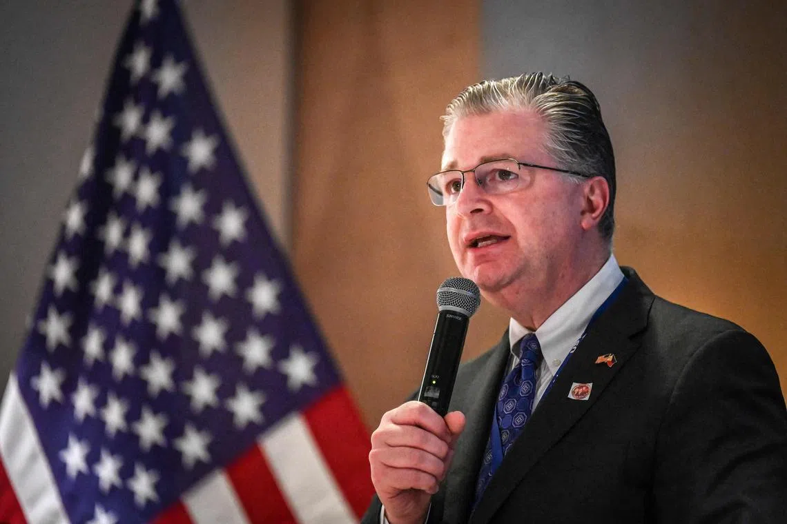 US Assistant Secretary for the Bureau of East Asian and Pacific Affairs Daniel Kritenbrink delivers a speech during the signing of the Memorandum of Understanding between the Philippines Department of Energy (DOE) and the US Agency for International Development (USAID) to promote US-Philippines Civil Nuclear Cooperation at a hotel in Taguig, Metro Manila, on May 21, 2024. (Photo by JAM STA ROSA / AFP)