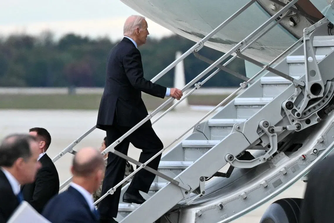 US President Joe Biden boards Air Force One at Joint Base Andrews in Maryland, on Oct 17, 2023, enroute to Israel.