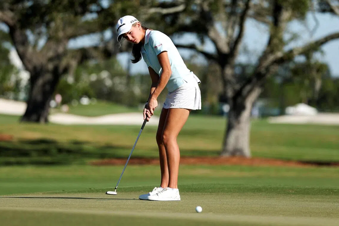 Kai Trump putts on the sixth hole during the second round of The ANNIKA golf tournament at Pelican Golf Club.