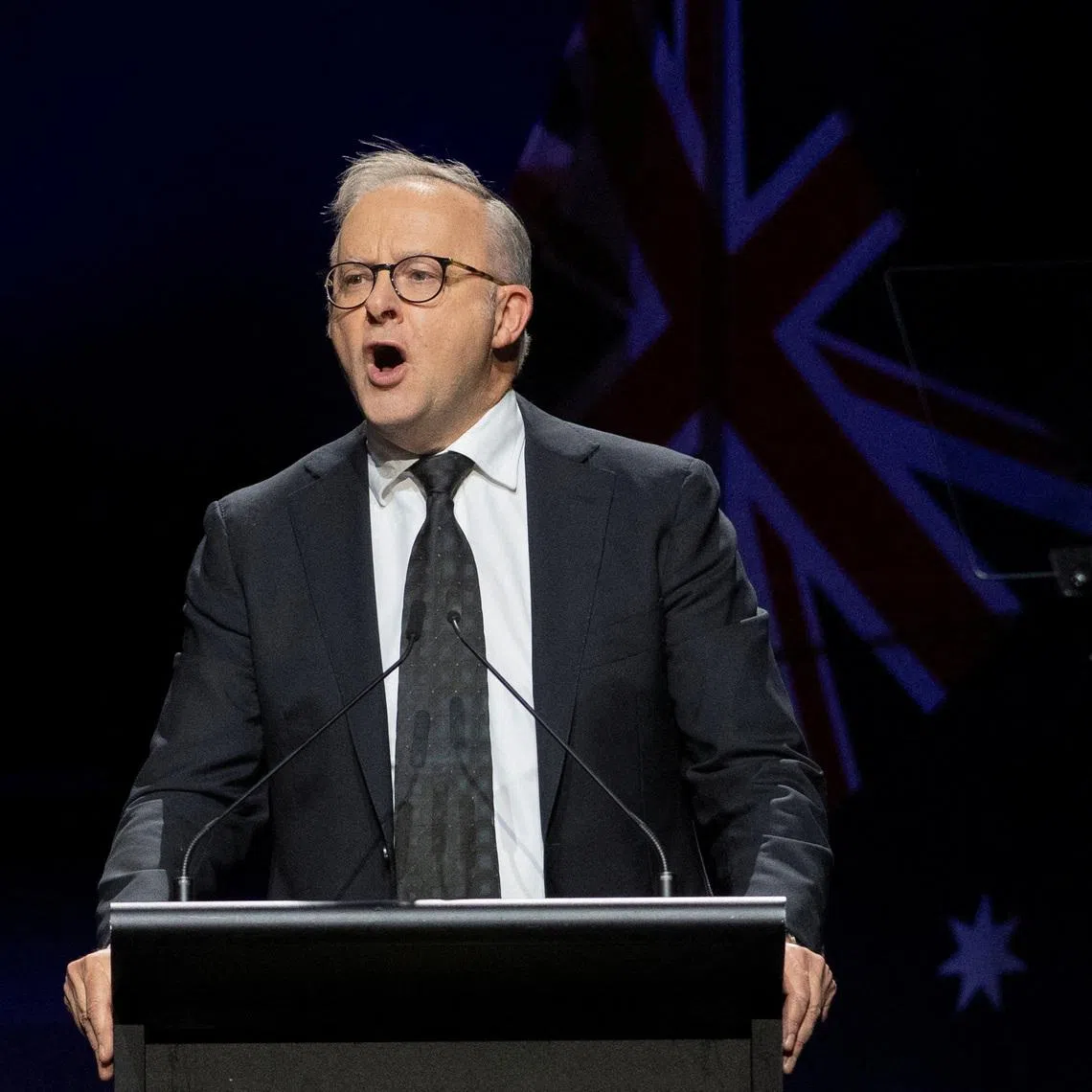 FILE PHOTO: Australian Prime Minister Anthony Albanese speaks at the Sydney Opera House during a National Day of Mourning for the victims of the December 14, 2025, mass shooting at a Jewish Hanukkah celebration at Bondi Beach in Sydney, Australia, January 22, 2026. REUTERS/Jeremy Piper/File Photo