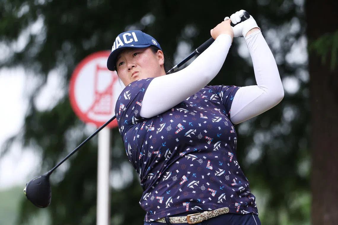 Angel Yin of the United States playing a shot during the third round of the Shanghai LPGA golf tournament in China on Saturday. She won it after a sudden-death play-off against world No. 1 Lilia Vu.