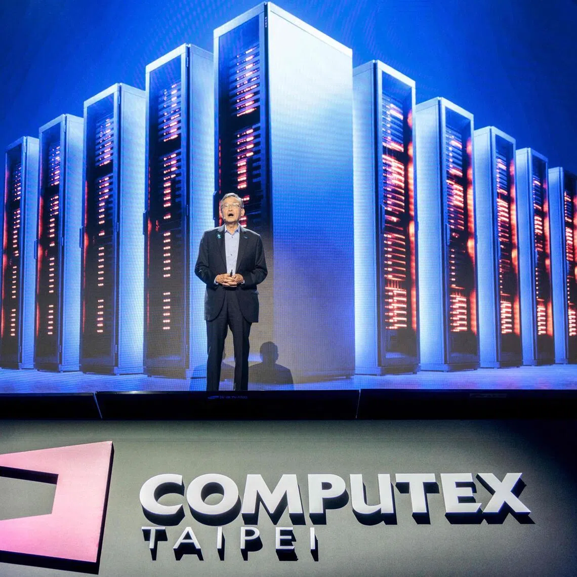 Intel CEO Lip-Bu Tan speaks during a keynote presentation at Computex in Taipei on June 2.