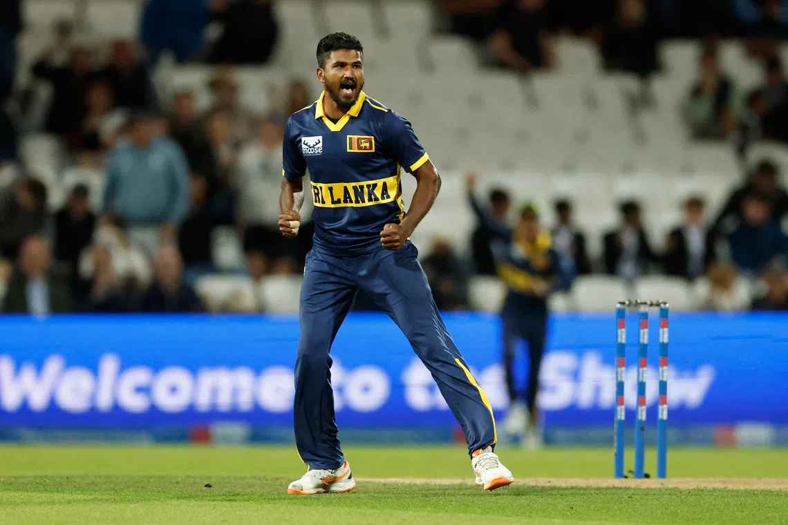 FILE PHOTO: Cricket - Second One Day International - England v Sri Lanka - Headingley Cricket Ground, Leeds, Britain - September 24, 2026 Sri Lanka's Dilshan Madushanka celebrates the wicket of England's Jos Buttler, caught by Kamindu Mendis Action Images via Reuters/Jason Cairnduff/File Photo