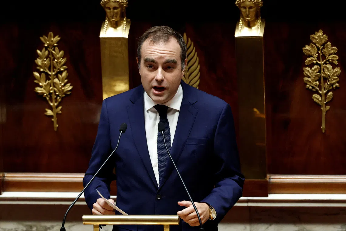 French Prime Minister Sebastien Lecornu delivers a speech during debate before votes on two no-confidence motions against the French government, during a public session at the National Assembly in Paris, France, on Oct 16. 