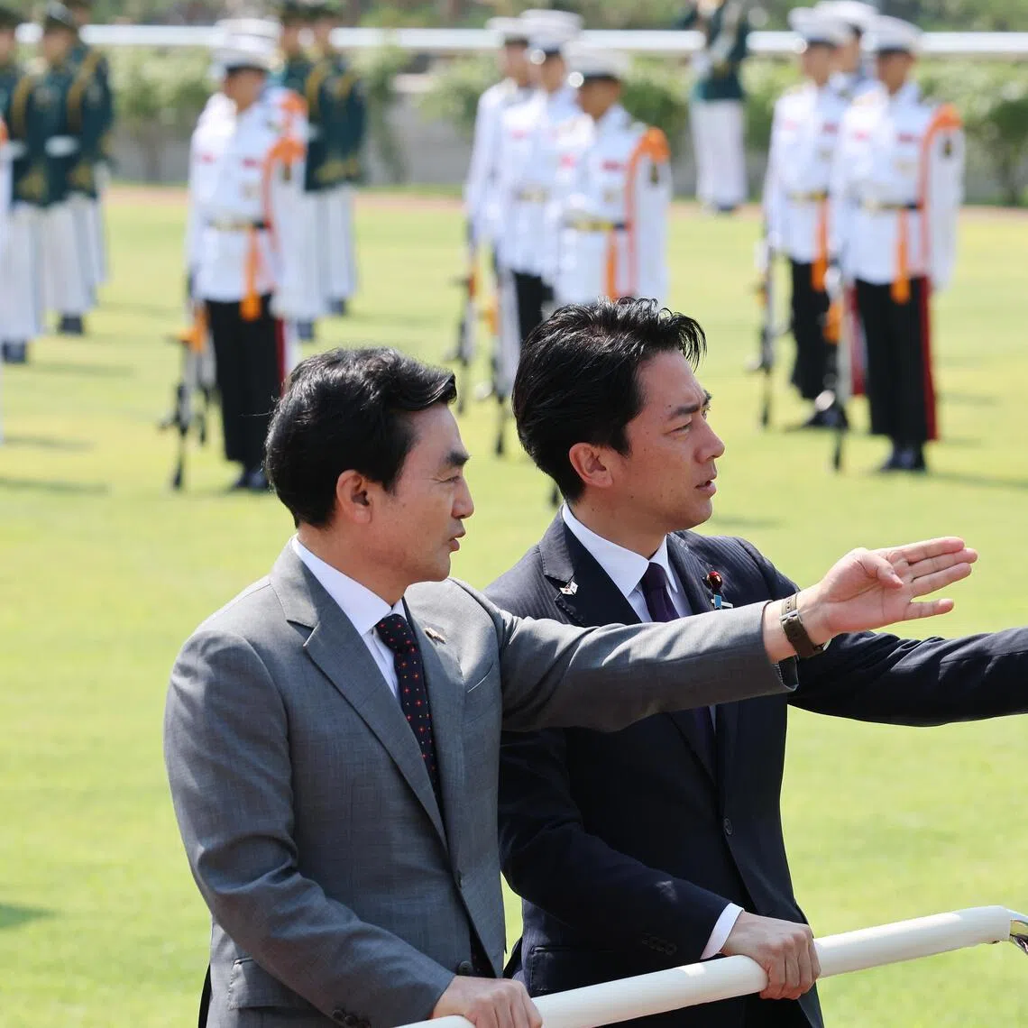 Japanese Defence Minister Shinjiro Koizumi and South Korean counterpart Ahn Gyu-Back inspecting honour guards during a welcoming ceremony before their meeting at South Korea’s Defence Ministry on June 28.
