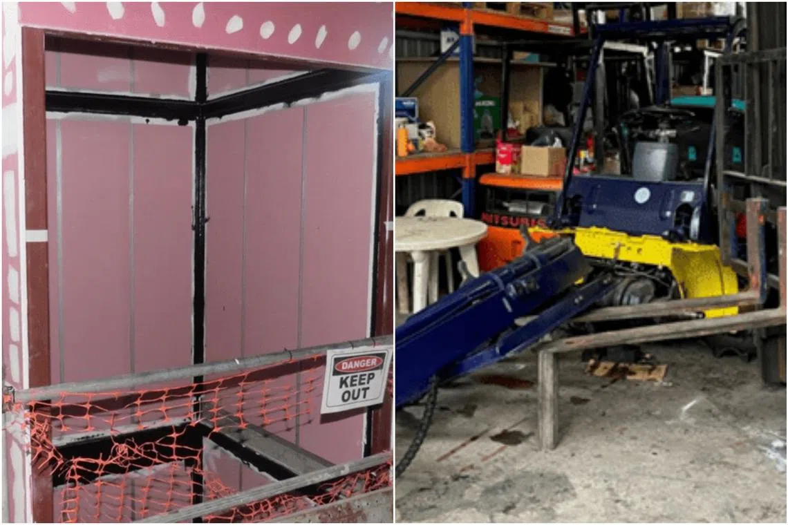 A worker fell while working at a lift shaft (left) and a technician died after a forklift machine fell on him.