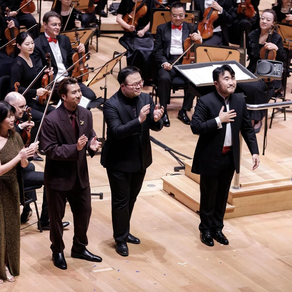 The Singapore Symphony Orchestra played a National Day concert on Aug 15., with (from left to right) Linying, Jonathan Ngeow, Kevin Loh and Lien Boon Hua.