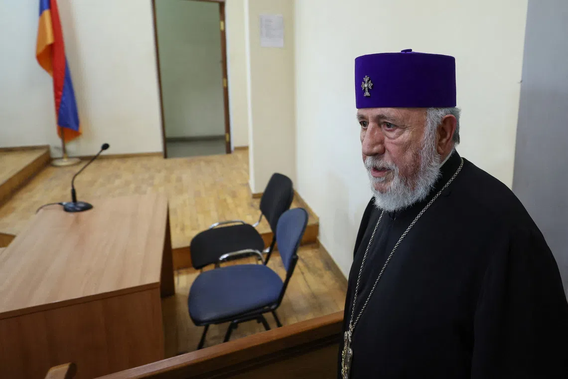 Armenia's chief bishop Catholicos Karekin II, who is accused of allegedly failing to comply with a civil court order temporarily reinstating a bishop whom the Armenian Apostolic Church defrocked, attends a court hearing in Vagharshapat, Armenia, August 7, 2026. Vahram Baghdasaryan/Photolure via REUTERS