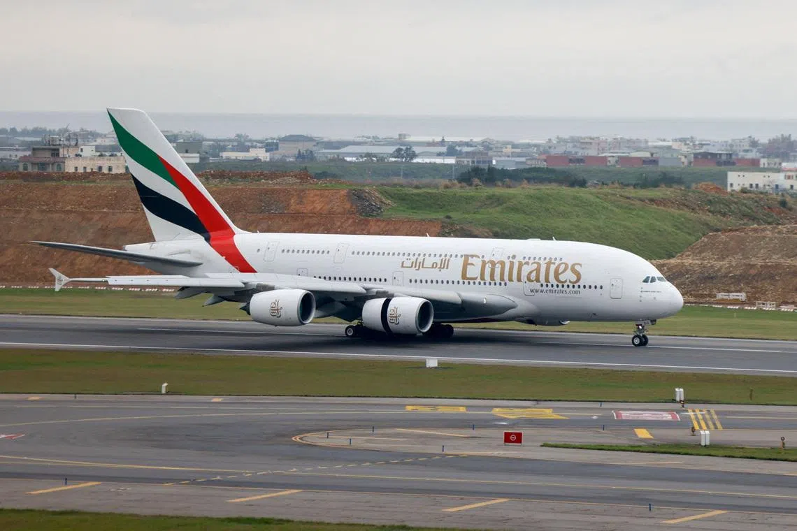 An Emirates flight departing from Dubai lands at Taoyuan International Airport, amid the U.S.-Israel conflict with Iran, in Taoyuan, Taiwan, March 5, 2026.