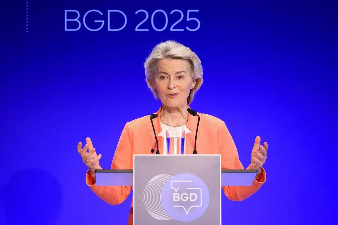 European Commission president Ursula von der Leyen speaking at the Berlin Global Dialogue on Oct 25.