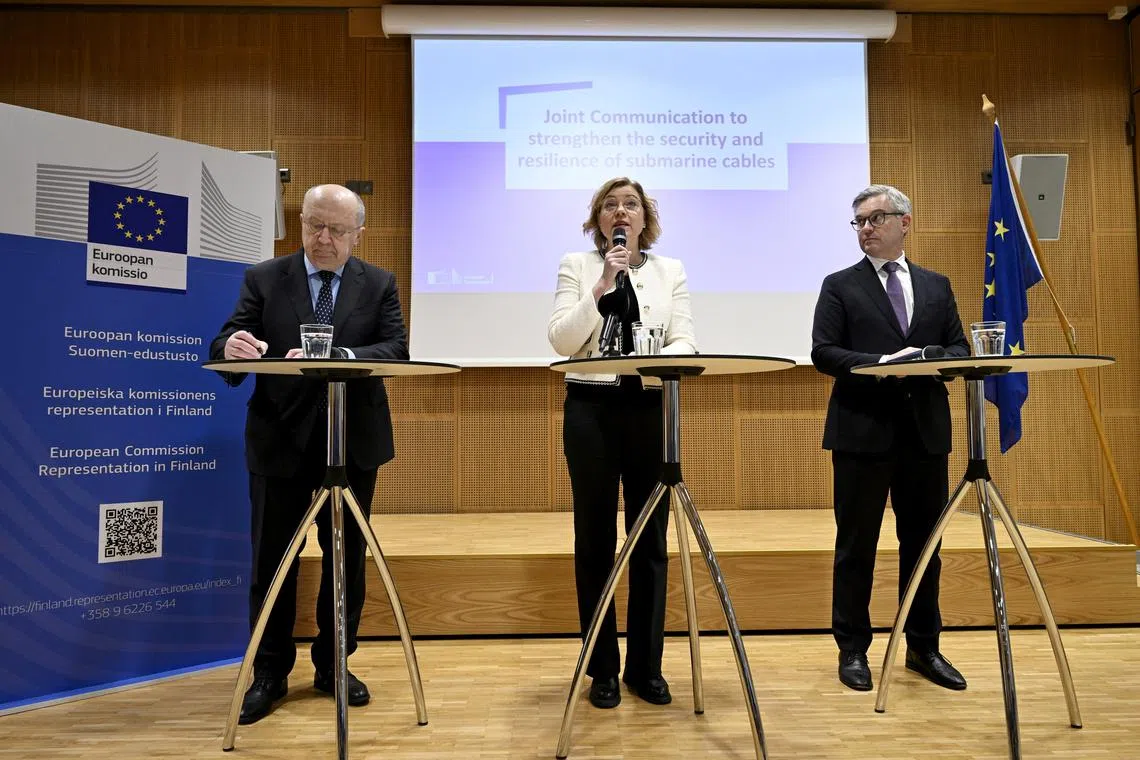 EU Commissioner for Defence and Space Andrius Kubilius, Executive Vice-president of the European Commission for Technological Sovereignty, Security and Democracy Henna Virkkunen and EU Commissioner for Internal affairs and Migration Magnus Brunner attend a press point on the Communication on the EU Action Plan on Cable Security, Helsinki, Finland, February 21, 2025. Lehtikuva/Emmi Korhonen via REUTERS