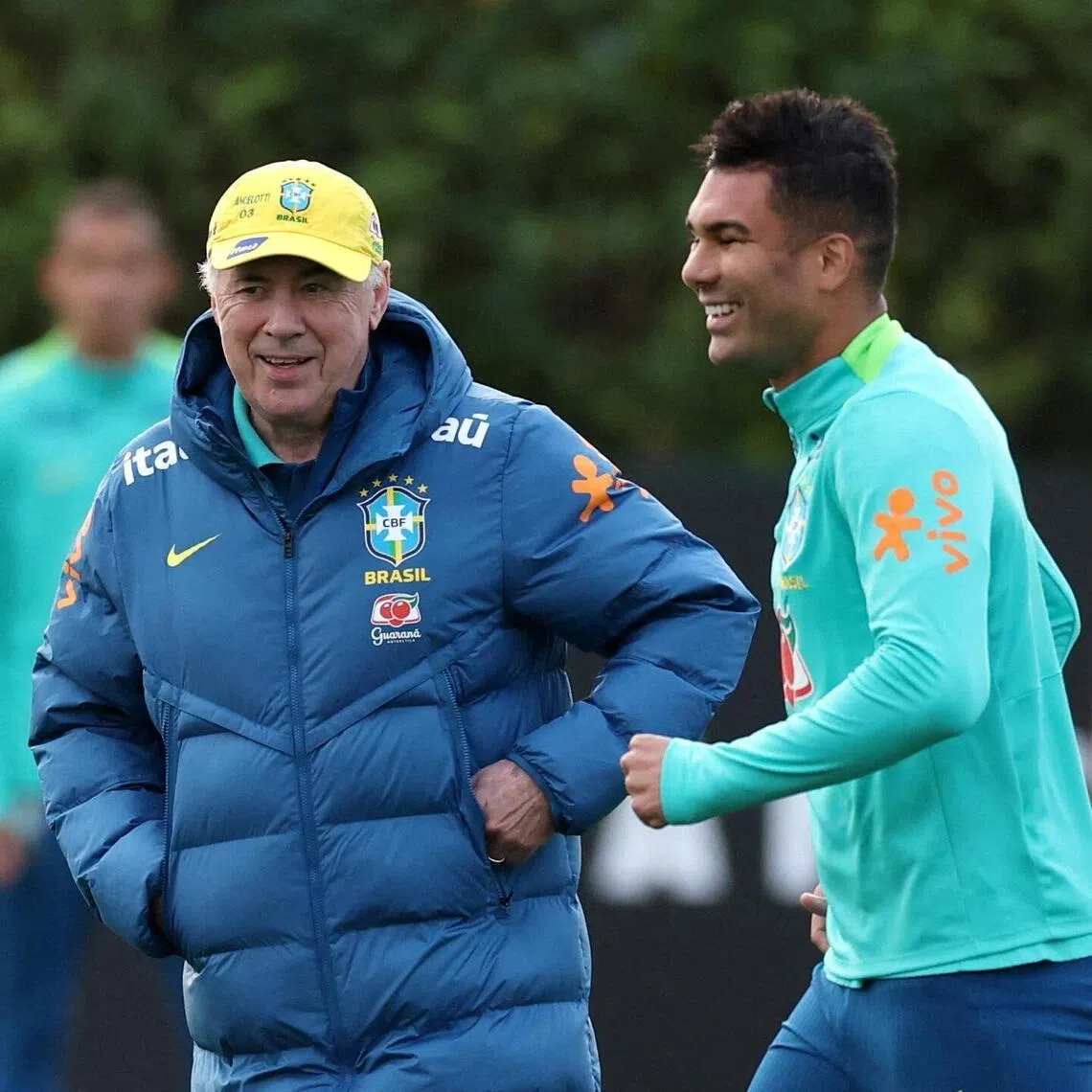 Brazil head coach Carlo Ancelotti with Casemiro during a training session in 2025.