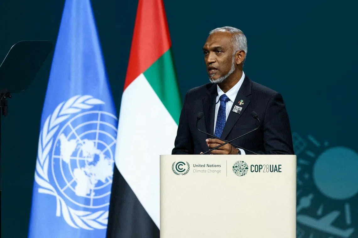 FILE PHOTO: President of the Maldives Mohamed Muizzu delivers a national statement at the World Climate Action Summit during the United Nations Climate Change Conference (COP28) in Dubai, United Arab Emirates, December 1, 2023. REUTERS/Amr Alfiky/File Photo