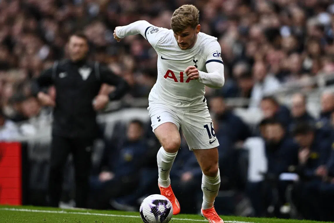 FILE PHOTO: Soccer Football - Premier League - Tottenham Hotspur v Nottingham Forest - Tottenham Hotspur Stadium, London, Britain - April 7, 2024 Tottenham Hotspur's Timo Werner in action REUTERS/Dylan Martinez/File Photo