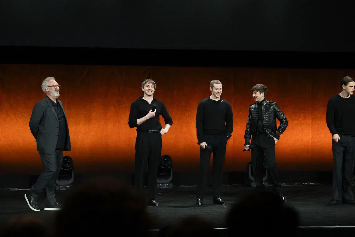(From left) British film director Sam Mendes, Irish actor Paul Mescal, British actor Joseph Quinn, Irish actor Barry Keoghan and British actor Harris Dickinson speak about the four-film cinematic event The Beatles during the CinemaCon 2025 Sony Pictures Entertainment Presentation at The Colosseum at Caesars Palace in Las Vegas, Nevada on March 31.