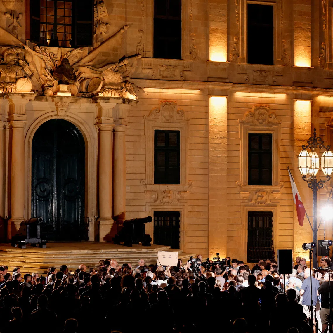 People protest outside Auberge de Castille, the office of Malta's Prime Minister, after Maltese businessman Yorgen Fenech was acquitted of conspiracy and complicity to murder investigative journalist Daphne Caruana Galizia in 2017, in Valletta, Malta, September 2, 2026. REUTERS/Darrin Zammit Lupi