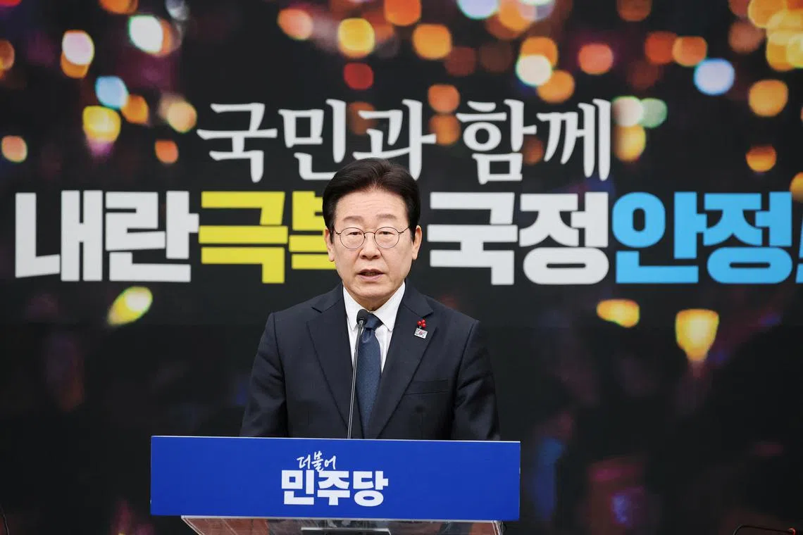 FILE PHOTO: South Korea's opposition Democratic Party leader, Lee Jae-myung, releases a statement to the public at the National Assembly in Seoul, South Korea, December 27, 2024. REUTERS/Kim Hong-Ji