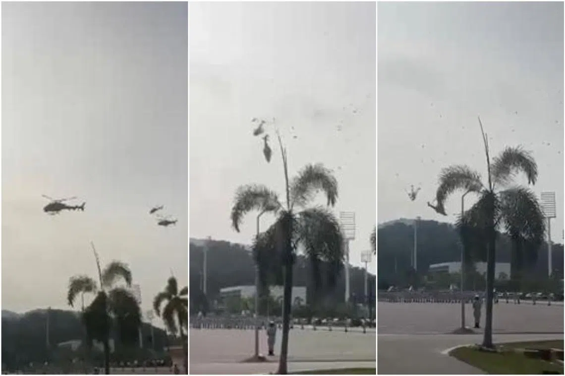 A video of the incident showed one of the helicopters clipping the rotor of the other aircraft before the two crashed into the ground.