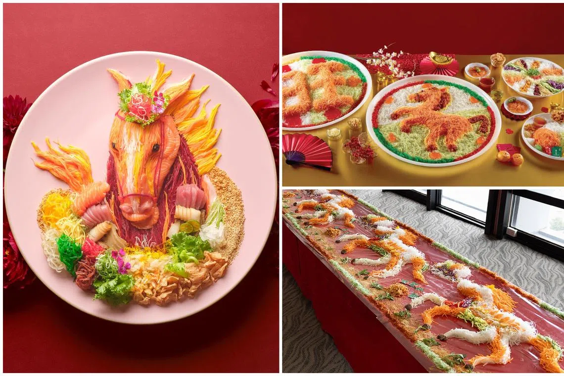 (Clockwise from left) Premium Winning Horse Yu Sheng at Jade, Neo Garden Catering's Bountiful Horse Yusheng, Peach Garden's Galloping Horse Prosperity Yu Sheng.