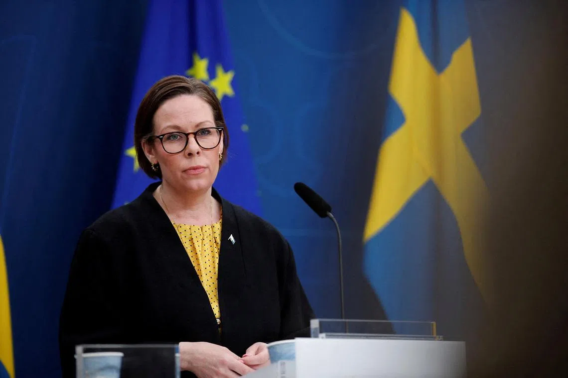 FILE PHOTO: Swedish Foreign Minister Maria Malmer Stenergard holds a press conference on the occasion of the release of Swedish journalist Joakim Medin, who had been detained in Turkey, in Stockholm, Sweden May 17, 2025. TT News Agency/Caisa Rasmussen/via REUTERS      ATTENTION EDITORS - THIS IMAGE WAS PROVIDED BY A THIRD PARTY. SWEDEN OUT. NO COMMERCIAL OR EDITORIAL SALES IN SWEDEN./File Photo