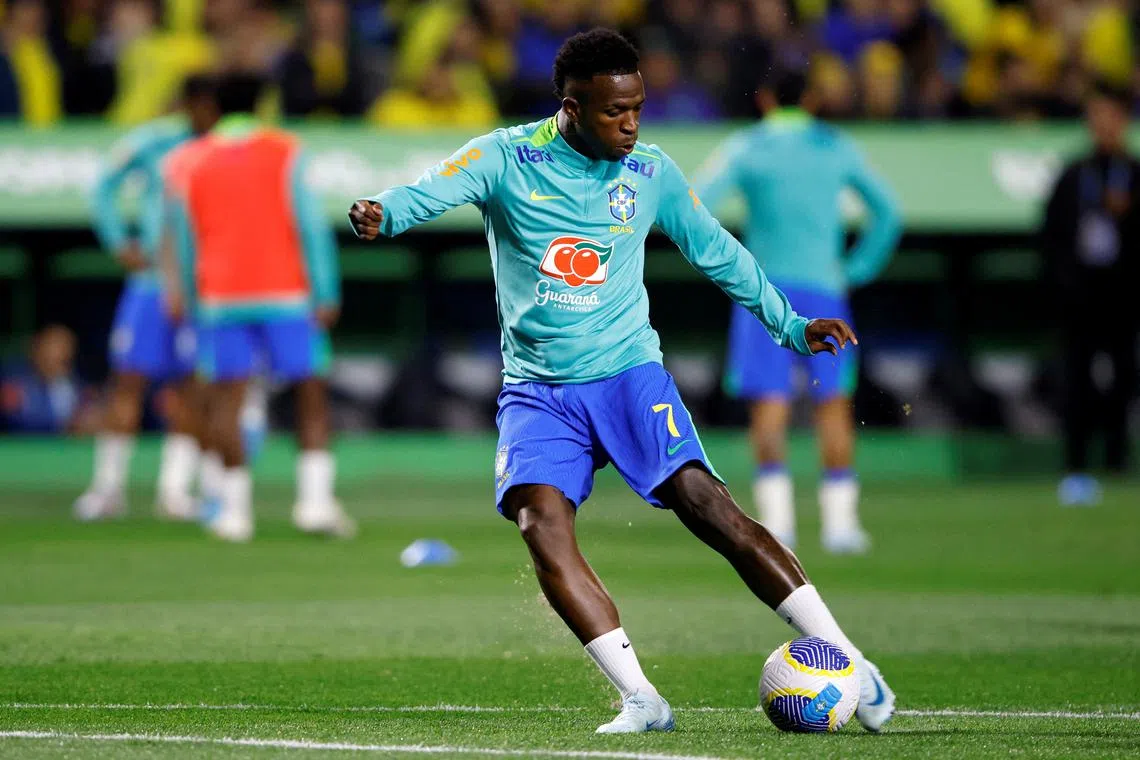 FILE PHOTO: Soccer Football - World Cup - South American Qualifiers - Brazil v Ecuador - Estadio Antonio Couto Pereira, Curitiba, Brazil - September 6, 2024 Brazil's Vinicius Jr during the warm up  REUTERS/Rodolfo Buhrer/File Photo