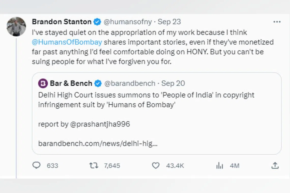 "Humans of New York" creator Brandon Stanton accused "Humans of Bombay" of unreasonably monetising the stories of its subjects.